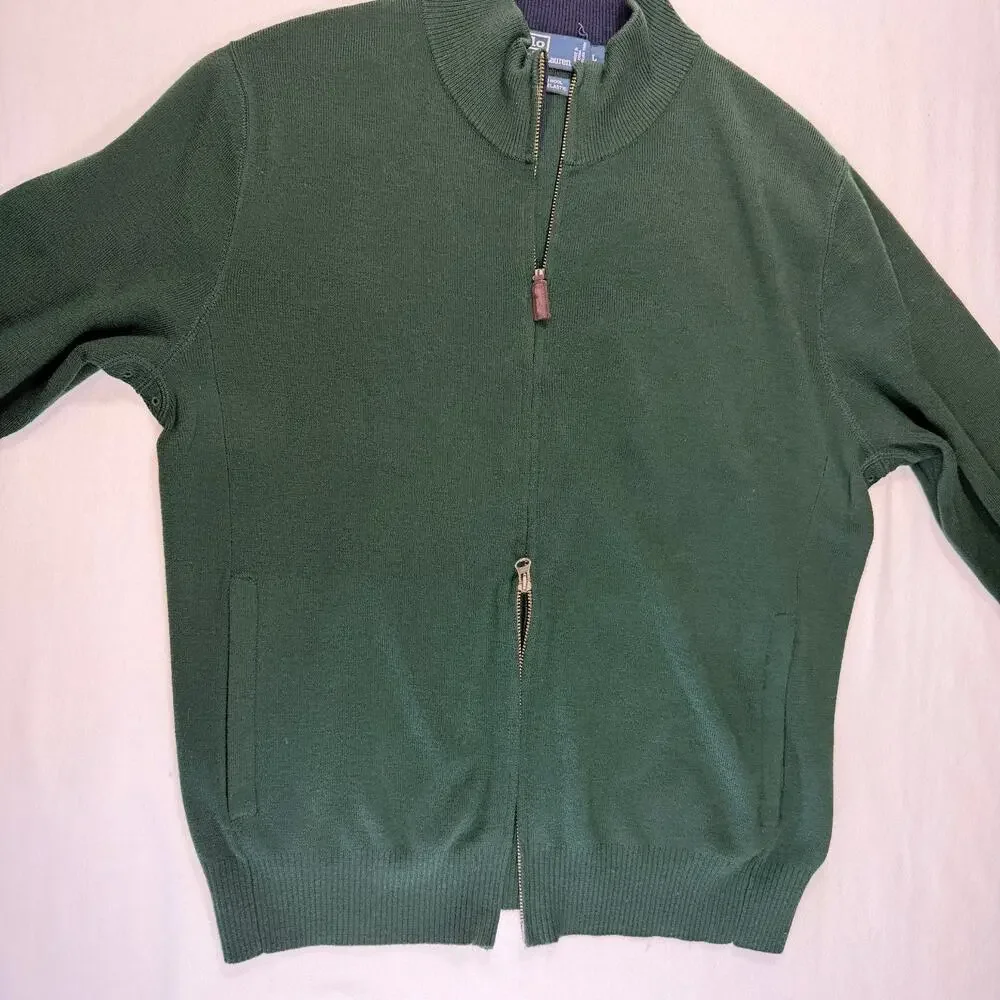 Polo Ralph Lauren Mens Large 100% Merino Wool 2 Way Full Zip Sweater Dark Green